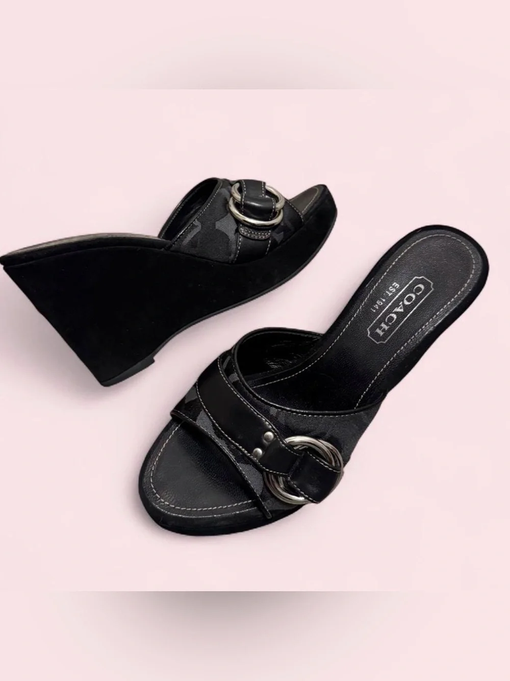 Coach Black Suede Wedge Slide Sandals with Buckle Detail